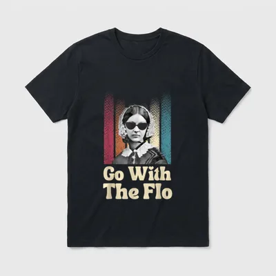 funny nurse t-shirt – Florence Nightingale wearing sunglasses above Go With The Flo text – Classic T-Shirt in Black