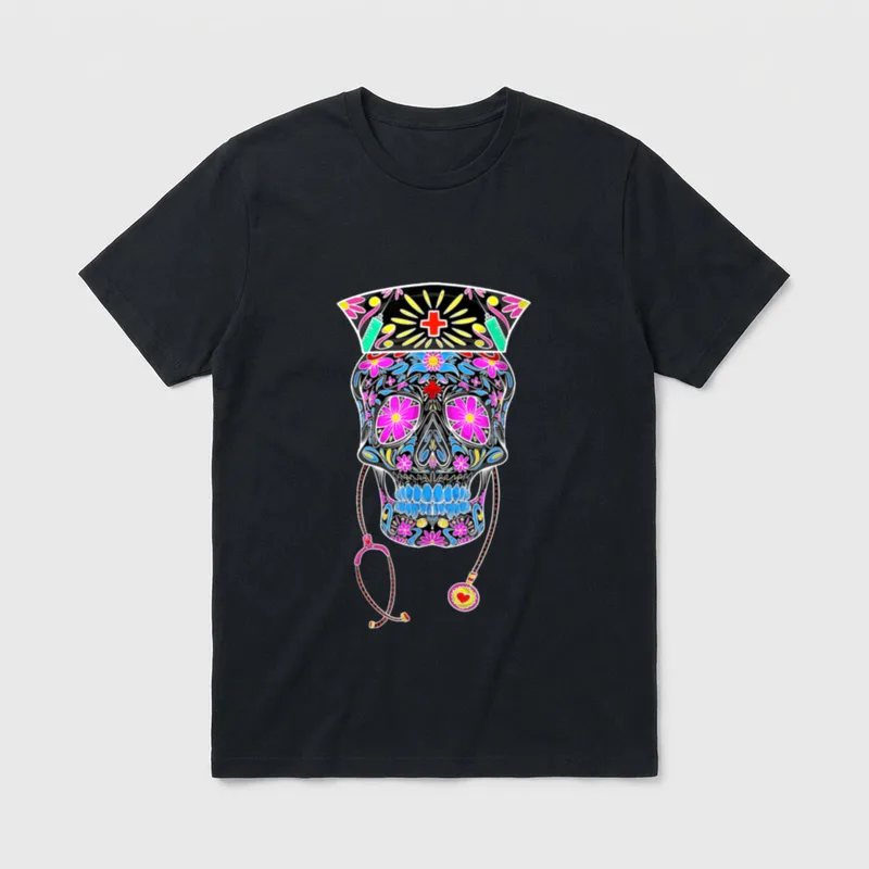 Funny Nurse Sugar Skull Health Professional T-Shirt – Classic T-Shirt in Black
