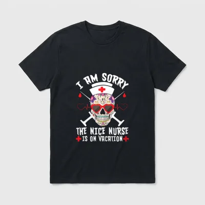 I'm Sorry the Nice Nurse T-Shirt – Decorated sugar skull wearing heart sunglasses and a nurse cap – Classic T-Shirt in Black