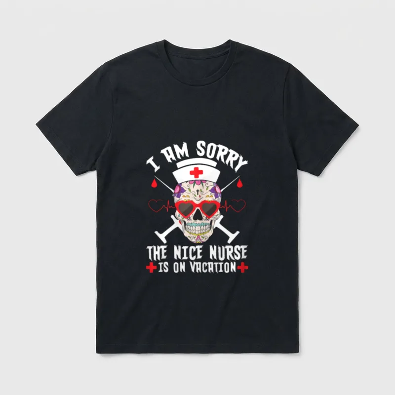 I'm Sorry the Nice Nurse T-Shirt – Decorated sugar skull wearing heart sunglasses and a nurse cap – Classic T-Shirt in Black