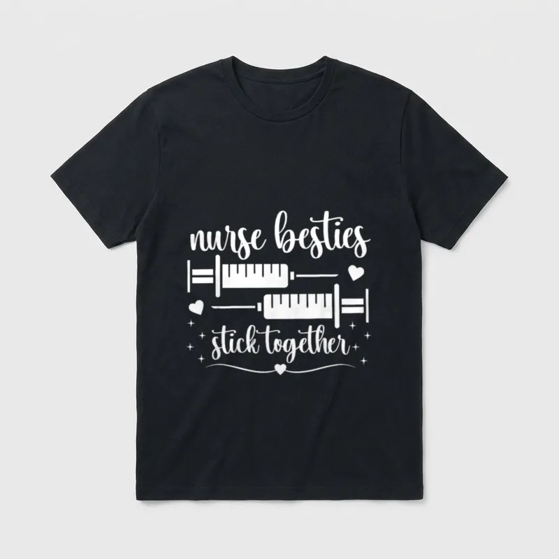 Nurse Besties Stick Together T-Shirt – Two medical syringes with floating hearts and sparkles – Classic T-Shirt in Black