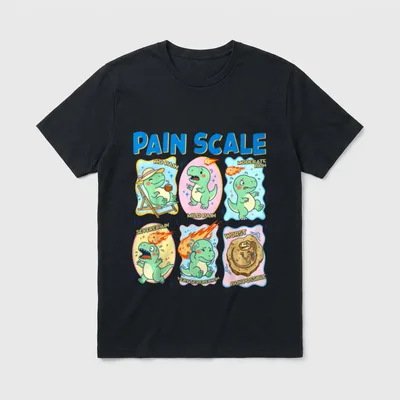 Pain Scale Funny Dino Meteor Nurse T-Shirt – Cartoon dinosaur pain scale stages ending in a fossil – Classic T-Shirt in Black