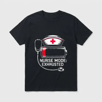 Vintage Funny Nurse T-Shirt – Nurse cap, low battery, and words Nurse Mode: Exhausted – Classic T-Shirt in Black