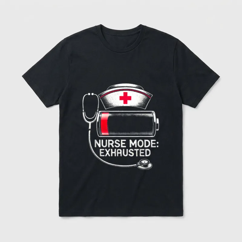 Vintage Funny Nurse T-Shirt – Nurse cap, low battery, and words Nurse Mode: Exhausted – Classic T-Shirt in Black