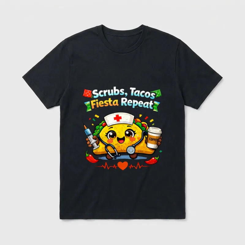 Scrubs Tacos Fiesta Repeat Nurse T-Shirt – Scrubs, Tacos Fiesta Repeat COFFEE – Classic T-Shirt in Black