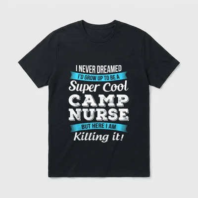 Funny Camp Nurse T-Shirt – Camp nurse lettering with ribbon banners and script accents – Classic T-Shirt in Black