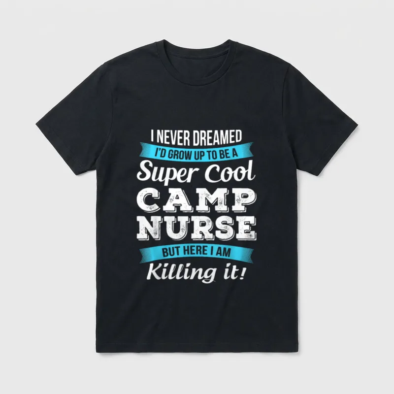Funny Camp Nurse T-Shirt – Camp nurse lettering with ribbon banners and script accents – Classic T-Shirt in Black