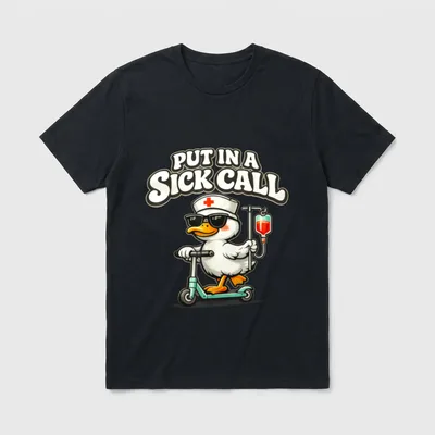 Nurse Put in a Sick Goose T-Shirt – Cartoon goose riding a scooter with an IV pole and medical cap – Classic T-Shirt in Black