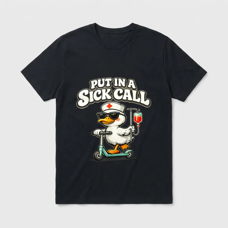Nurse Put in a Sick Goose T-Shirt – Cartoon goose riding a scooter with an IV pole and medical cap – Classic T-Shirt in Black