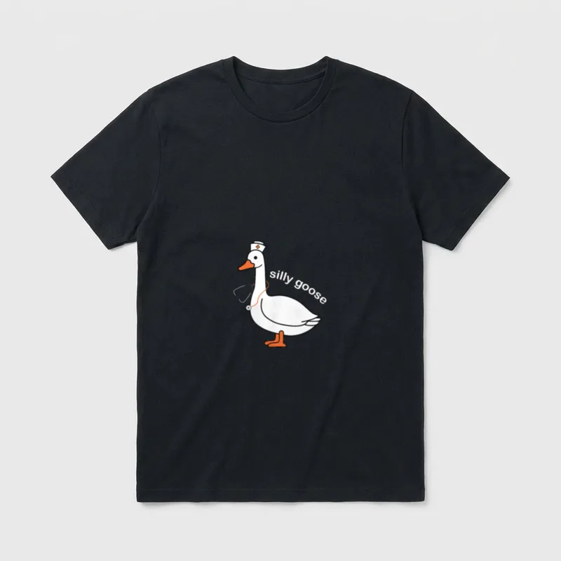 Silly Goose Nurse Hat Stethoscope T-Shirt – White cartoon goose in a nurse cap and stethoscope – Classic T-Shirt in Black