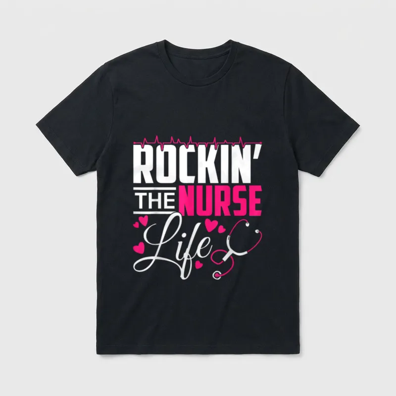 Rocking the Nurse Life T-Shirt – ROCKIN' THE NURSE Life with a stethoscope and hearts – Classic T-Shirt in Black
