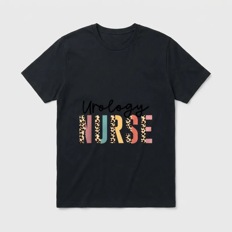Urology Nurse T-Shirt – Leopard print NURSE lettering with black script Urology text – Classic T-Shirt in Black