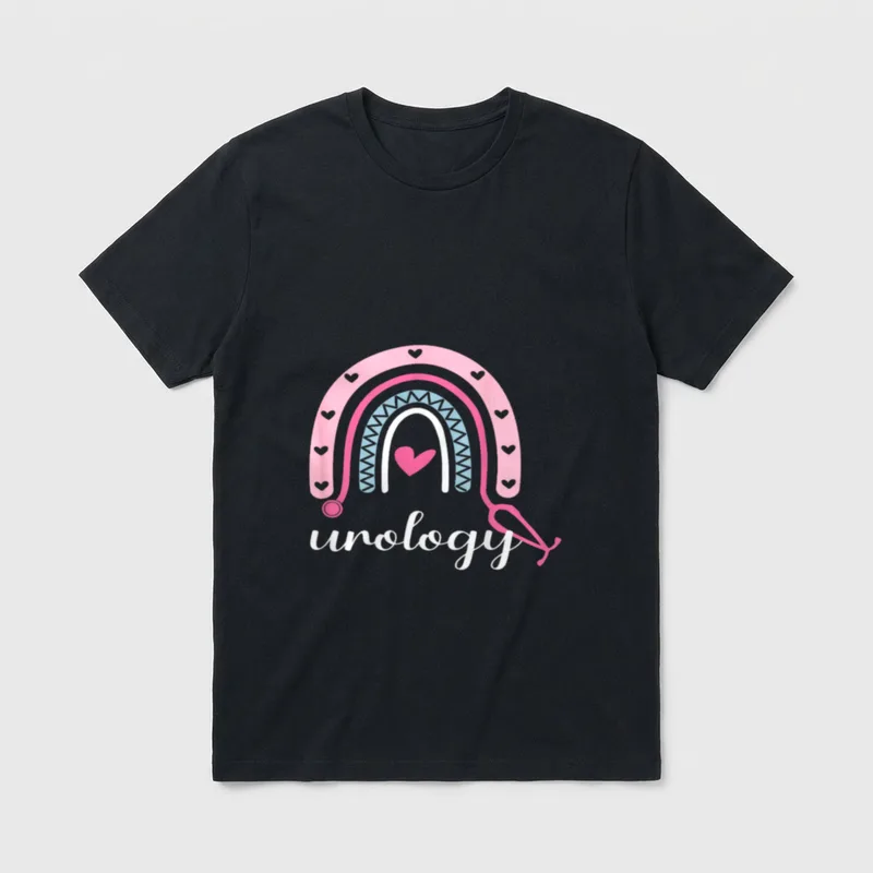 Rainbow Urology Nurse T-Shirt – Stethoscope rainbow with hearts and urology script – Classic T-Shirt in Black