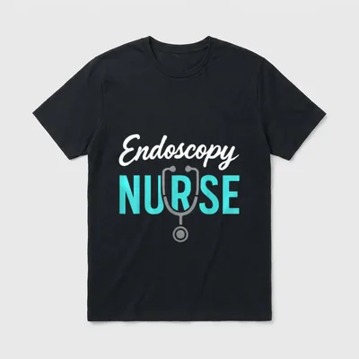 Endoscopy Nurse Dives T-Shirt – White cursive Endoscopy and teal NURSE text with a stethoscope – Classic T-Shirt in Black