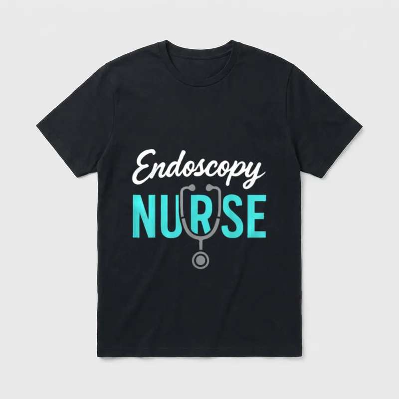 Endoscopy Nurse Dives T-Shirt – White cursive Endoscopy and teal NURSE text with a stethoscope – Classic T-Shirt in Black