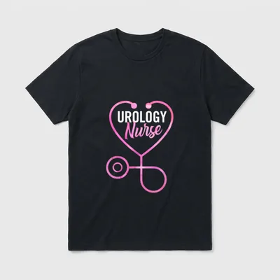 Urology Nurse Practitioner T-Shirt – Pink stethoscope heart with printed words UROLOGY Nurse – Classic T-Shirt in Black