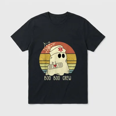 Boo Boo Crew Nurse Shirt – Ghost nurse holding a heart bandage with BOO BOO CREW lettering – Classic T-Shirt in Black