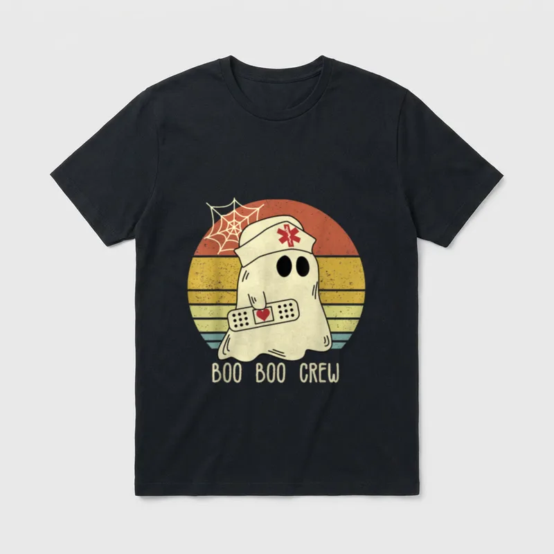 Boo Boo Crew Nurse Shirt – Ghost nurse holding a heart bandage with BOO BOO CREW lettering – Classic T-Shirt in Black