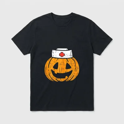 ICU Nurse Halloween Shirt – Carved pumpkin wearing a white nurse cap with red cross – Classic T-Shirt in Black