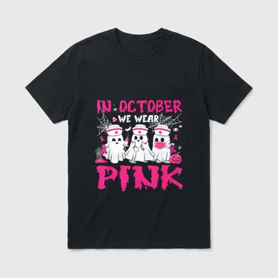 In October We Wear Pink Nurse T-Shirt – Three nurse ghosts with IN OCTOBER WE WEAR PINK lettering – Classic T-Shirt in Black