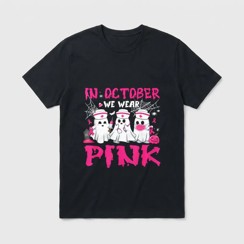 In October We Wear Pink Nurse T-Shirt – Three nurse ghosts with IN OCTOBER WE WEAR PINK lettering – Classic T-Shirt in Black