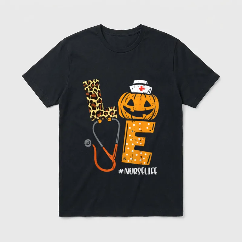 Nurse Pumpkin Shirt – “LOVE” lettering with pumpkin, stethoscope, and “#NURSELIFE” – Classic T-Shirt in Black