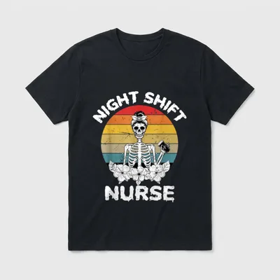 Night Shift Nurse Skeleton Halloween RN T-Shirt – NIGHT SHIFT NURSE print with skeleton and coffee – Classic T-Shirt in Black