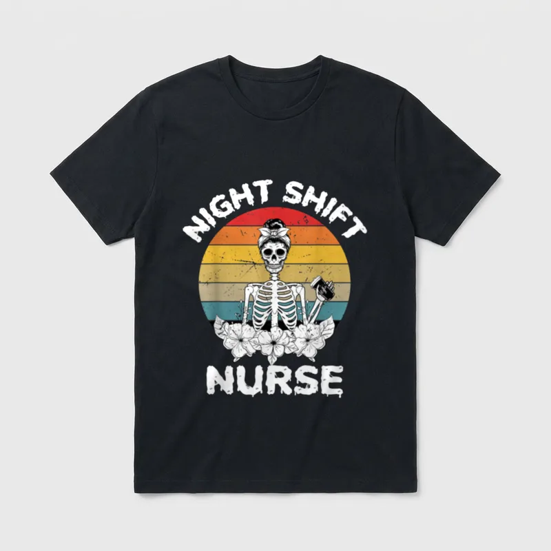 Night Shift Nurse Skeleton Halloween RN T-Shirt – NIGHT SHIFT NURSE print with skeleton and coffee – Classic T-Shirt in Black