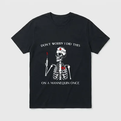 Skeleton Nurse T-Shirt – Skeleton nurse with syringe, stethoscope, and mannequin lettering – Classic T-Shirt in Black