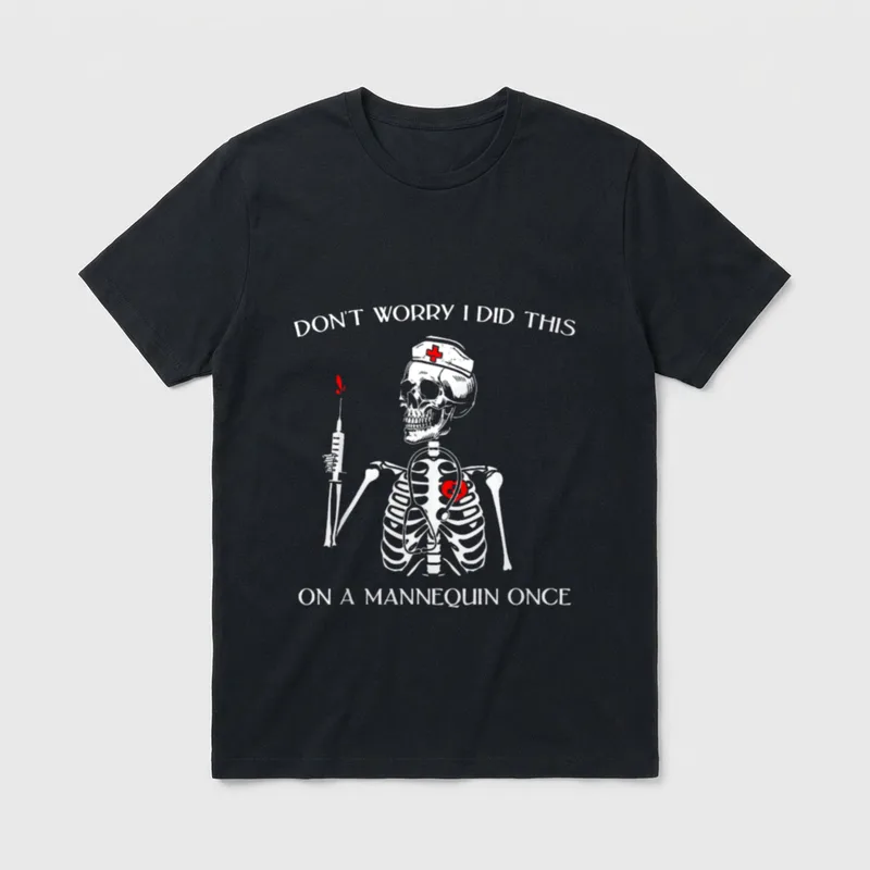 Skeleton Nurse T-Shirt – Skeleton nurse with syringe, stethoscope, and mannequin lettering – Classic T-Shirt in Black
