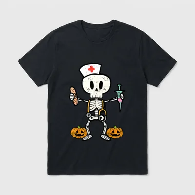 NICU Nurse Halloween Shirt – Cartoon skeleton nurse with stethoscope, syringe, and pumpkins – Classic T-Shirt in Black