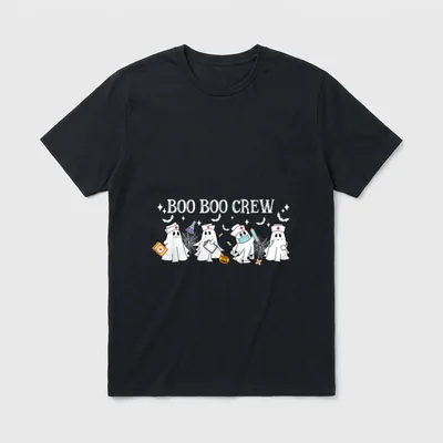 Boo Boo Crew Nurse Ghost T-Shirt – “BOO BOO CREW” with cartoon nurse ghosts holding clinic tools – Classic T-Shirt in Black