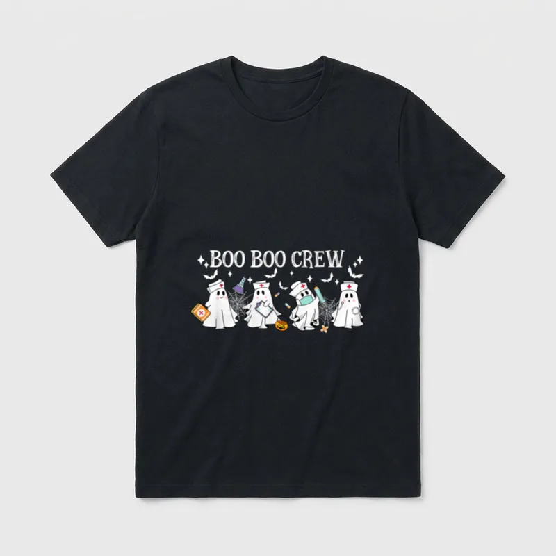 Boo Boo Crew Nurse Ghost T-Shirt – “BOO BOO CREW” with cartoon nurse ghosts holding clinic tools – Classic T-Shirt in Black