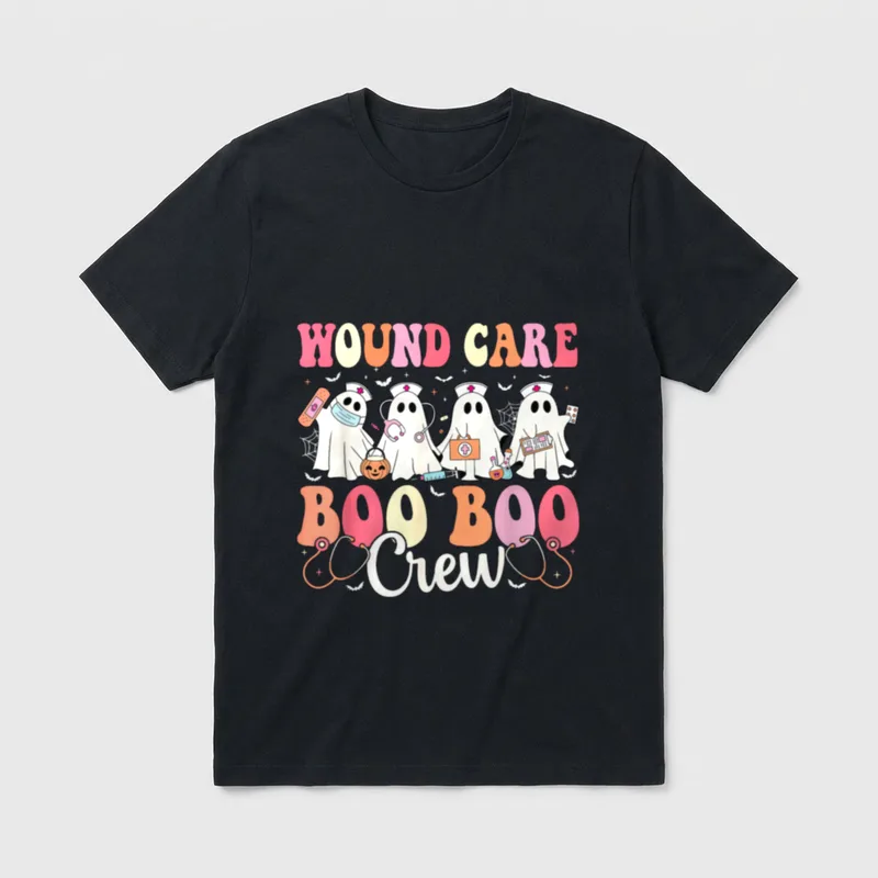 Wound Care Nurse Boo Boo Crew T-Shirt – WOUND CARE BOO BOO Crew lettering with ghost nurses – Classic T-Shirt in Black