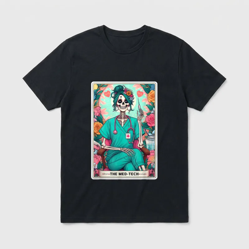 Card Skeleton Medication Aide CMA Nursing T-Shirt – The Med-Tech lettering on a tarot card banner – Classic T-Shirt in Black