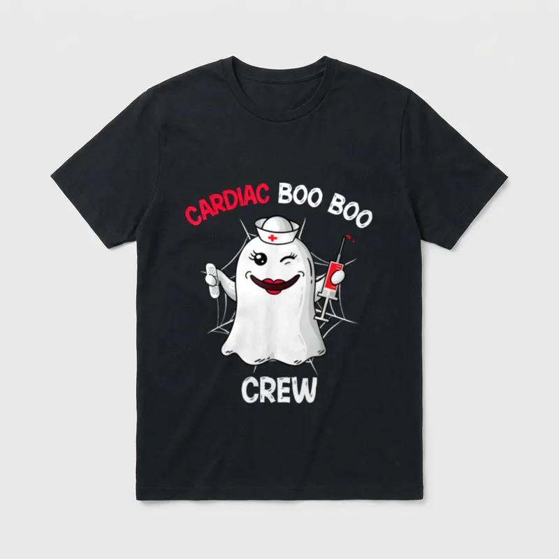 Cardiac Boo Boo Crew Nursing T-Shirt – Ghost nurse with syringe and bandage in a spiderweb – Classic T-Shirt in Black