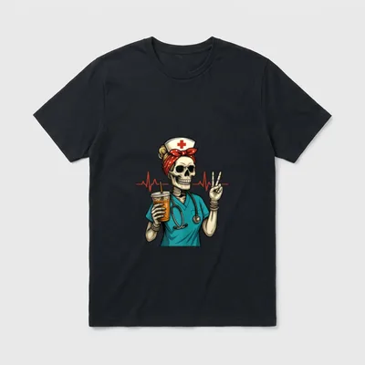 Funny Nurse Halloween Skeleton Coffee Lover T-Shirt – Classic T-Shirt in Black