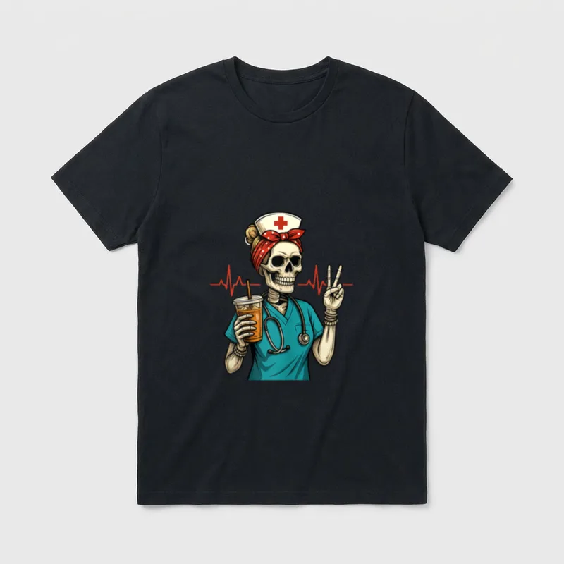 Funny Nurse Halloween Skeleton Coffee Lover T-Shirt – Classic T-Shirt in Black