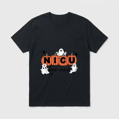 Funny NICU Nurse T-Shirt – Four pumpkins spelling NICU with boo crew script and three ghosts – Classic T-Shirt in Black