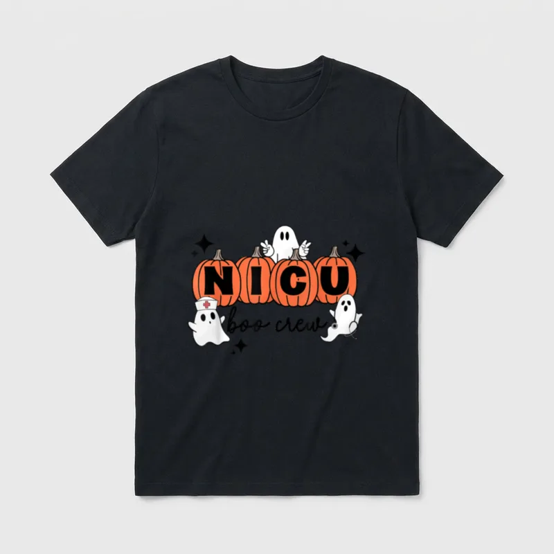 Funny NICU Nurse T-Shirt – Four pumpkins spelling NICU with boo crew script and three ghosts – Classic T-Shirt in Black