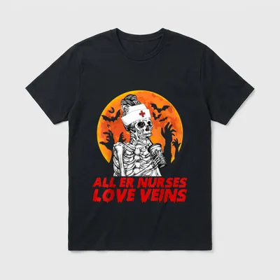 Th All ER Nurses Love Veins T-Shirt – Skeleton nurse drinking coffee before a moon and bats – Classic T-Shirt in Black