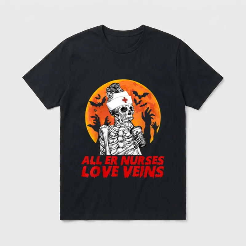 Th All ER Nurses Love Veins T-Shirt – Skeleton nurse drinking coffee before a moon and bats – Classic T-Shirt in Black