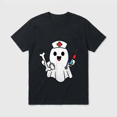 Nurse Ghost Humerus T-Shirt – Cute ghost wearing a nurse cap holding a bone and syringe – Classic T-Shirt in Black