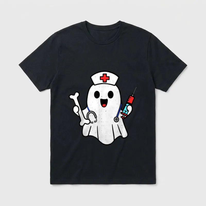 Nurse Ghost Humerus T-Shirt – Cute ghost wearing a nurse cap holding a bone and syringe – Classic T-Shirt in Black