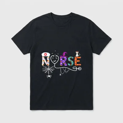 Nurse Halloween Costume Nursing T-Shirt – NURSE lettering with stethoscope and witch hat – Classic T-Shirt in Black