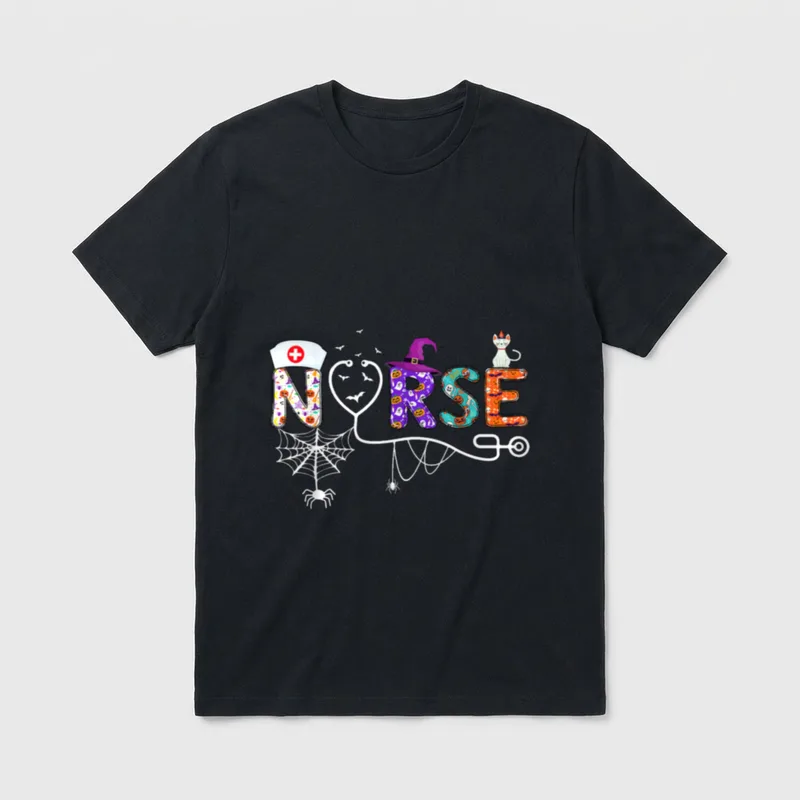 Nurse Halloween Costume Nursing T-Shirt – NURSE lettering with stethoscope and witch hat – Classic T-Shirt in Black