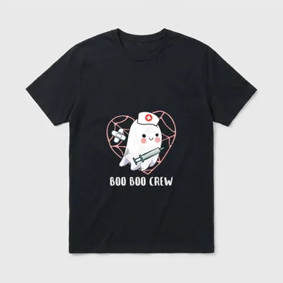 Boo Boo Crew Nurse Crue T-Shirt – Ghost nurse holding a syringe inside a spiderweb heart – Classic T-Shirt in Black