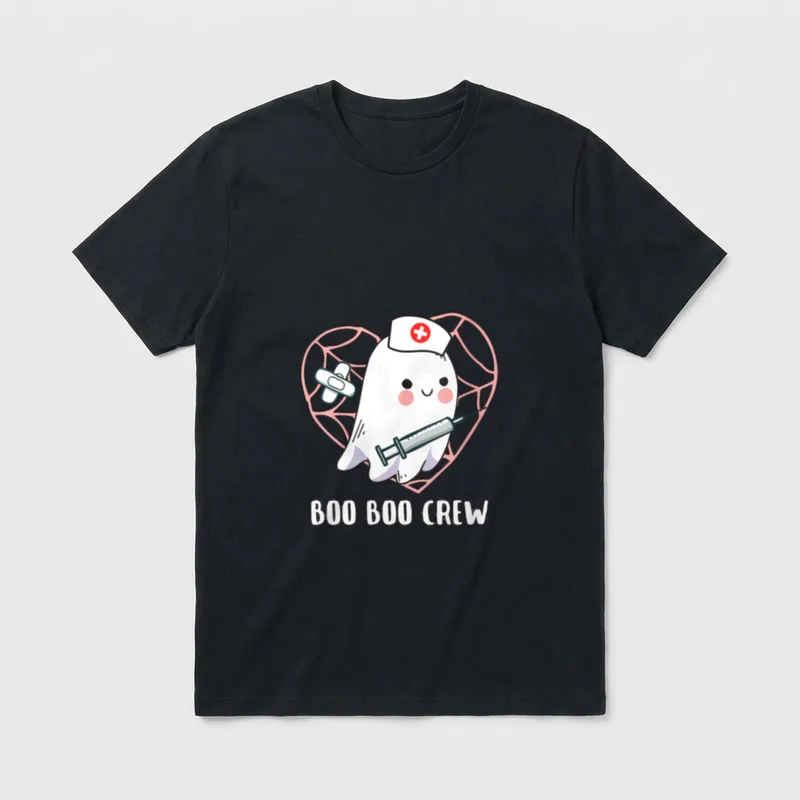 Boo Boo Crew Nurse Crue T-Shirt – Ghost nurse holding a syringe inside a spiderweb heart – Classic T-Shirt in Black