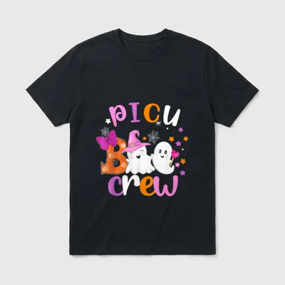 PICU Nurses T-Shirt – PICU Boo Crew lettering with two ghosts, witch hat, and purple bow – Classic T-Shirt in Black