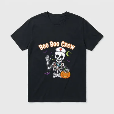 Boo Boo Crew Nurse Halloween T-Shirt – Skeleton nurse wearing stethoscope and cap beside pumpkin – Classic T-Shirt in Black